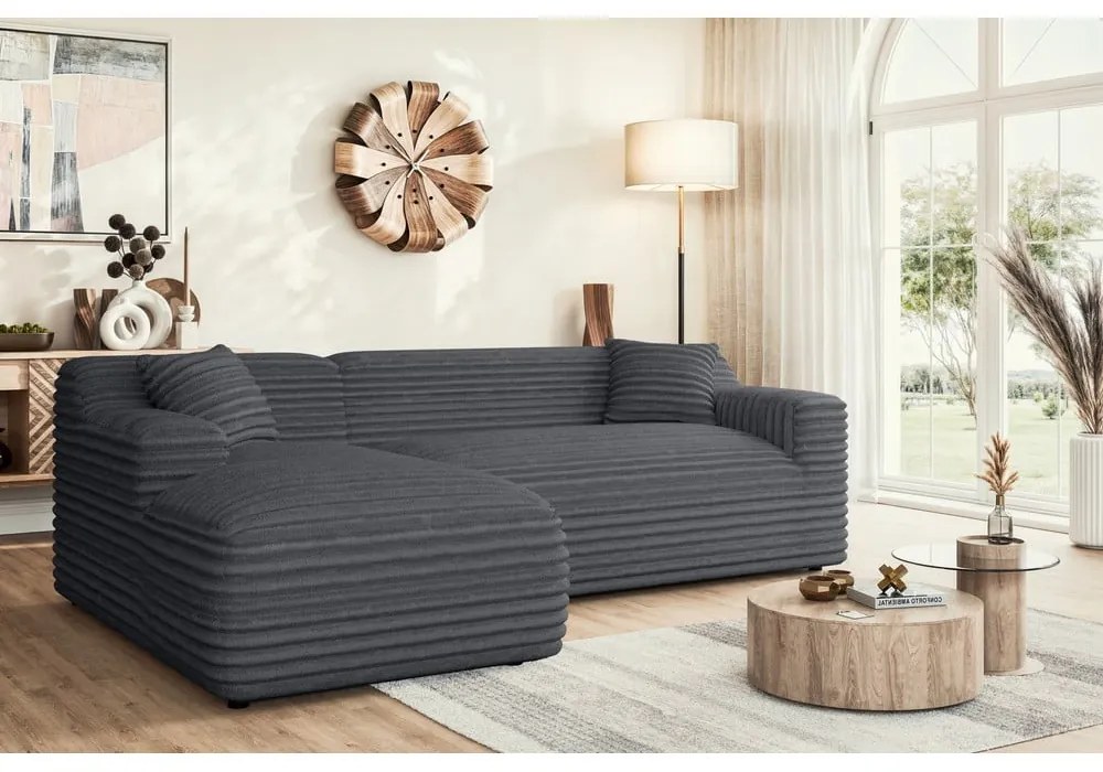 Tmavosivá menčestrová rohová pohovka (ľavý roh/s leňoškou) Martin – Ropez