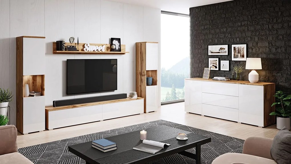 Obývačkový nábytok Bamisio II, Farby: biela / šedý lesk, Osvetlenie: bez osvetlenia