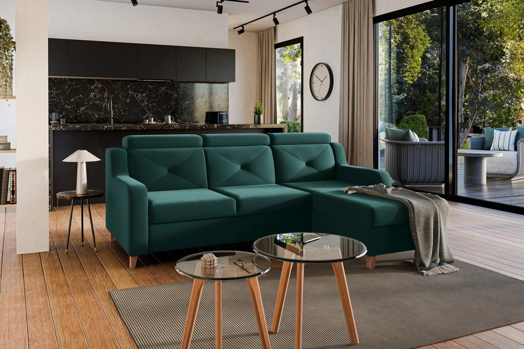 Rohová sedačka Laksaro s rozkladom pravostranná - zelený zamat Trinity 28