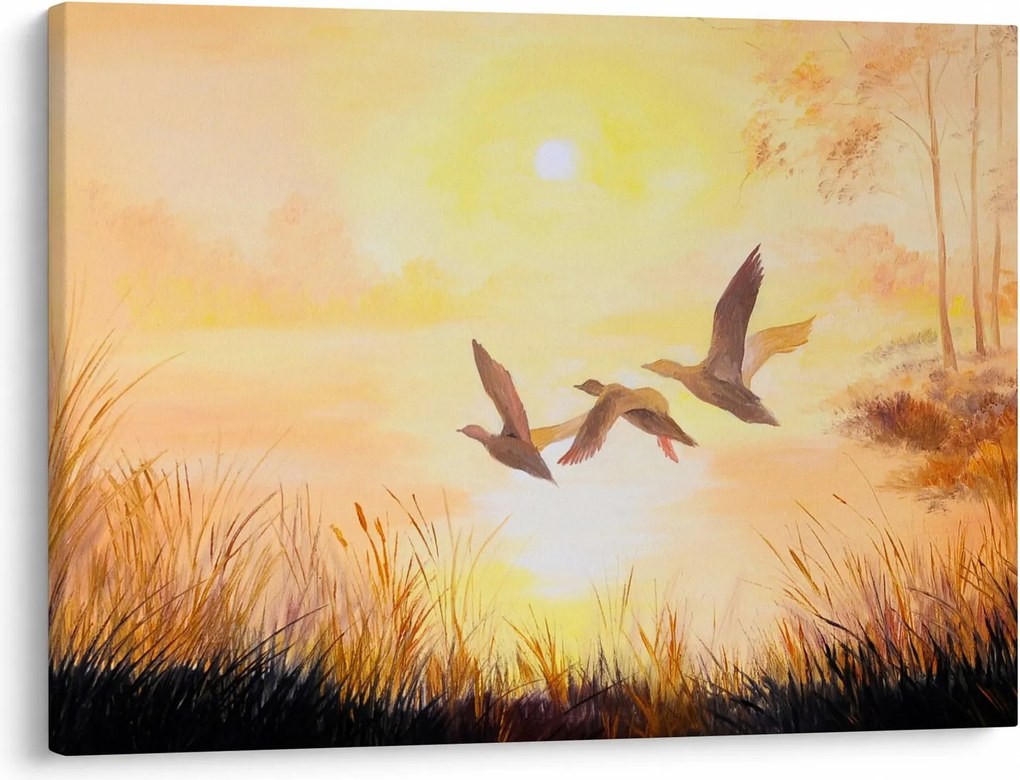 Obraz - Žeriavy pri západe slnka (70x50 cm)