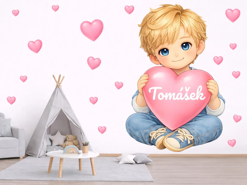 Blond chlapček so srdiečkom a menom textilní prelepiteľná nálepka na stenu hárok 31 x 46 cm