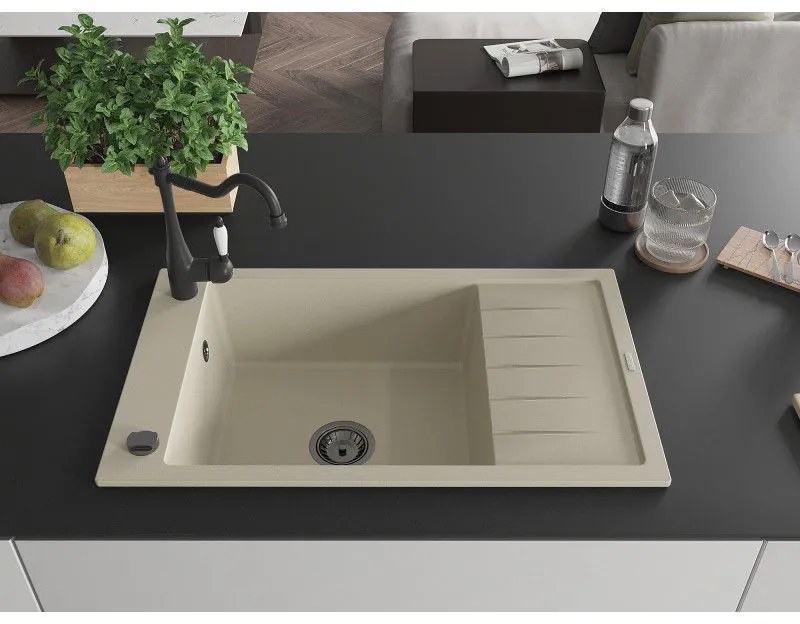 Mexen Elias, granitový drez 795x480x200 mm, 1-komorový a drezová batéria Carla, béžová, 6511-69-670700-70