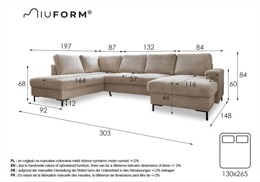 Námorníckymodrá zamatová rozkladacia pohovka do "U" Miuform Lofty Lilly, ľavý roh