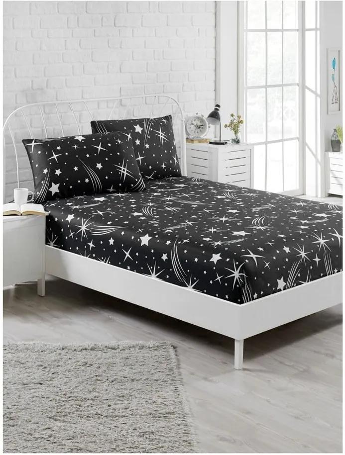 Set čiernej elastickej plachty a obliečky na vankúš na jednolôžko Starry Night, 100 × 200 cm
