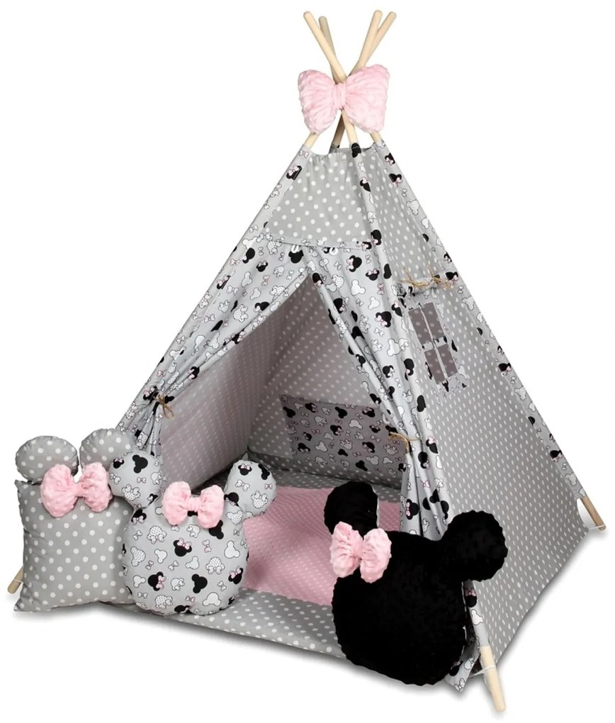 Baby Nellys Stan pro děti týpí s velkou výbavou, Minnie, šedá, čierna, růžová