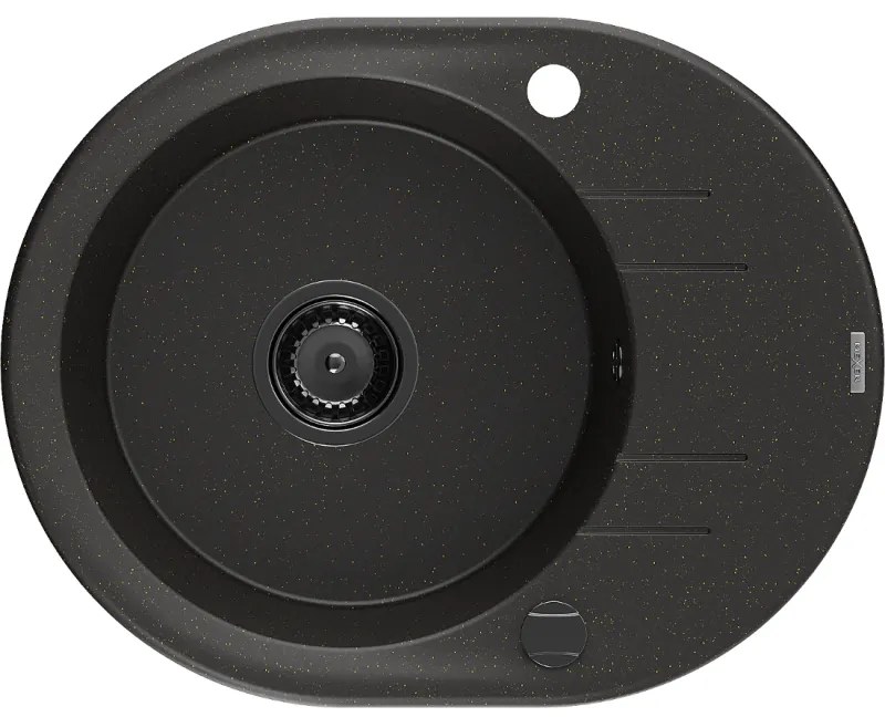 Mexen Kevin, granitový drez 586x458x190 mm, 1-komorový, čierna-zlatá metalíza s čiernym sifónom, 6517581005-75-B