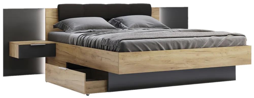 Manželská posteľ DOTA + rošt + matrac MORAVIA + doska s nočnými stolíkmi, 180x200, dub Kraft/sivá