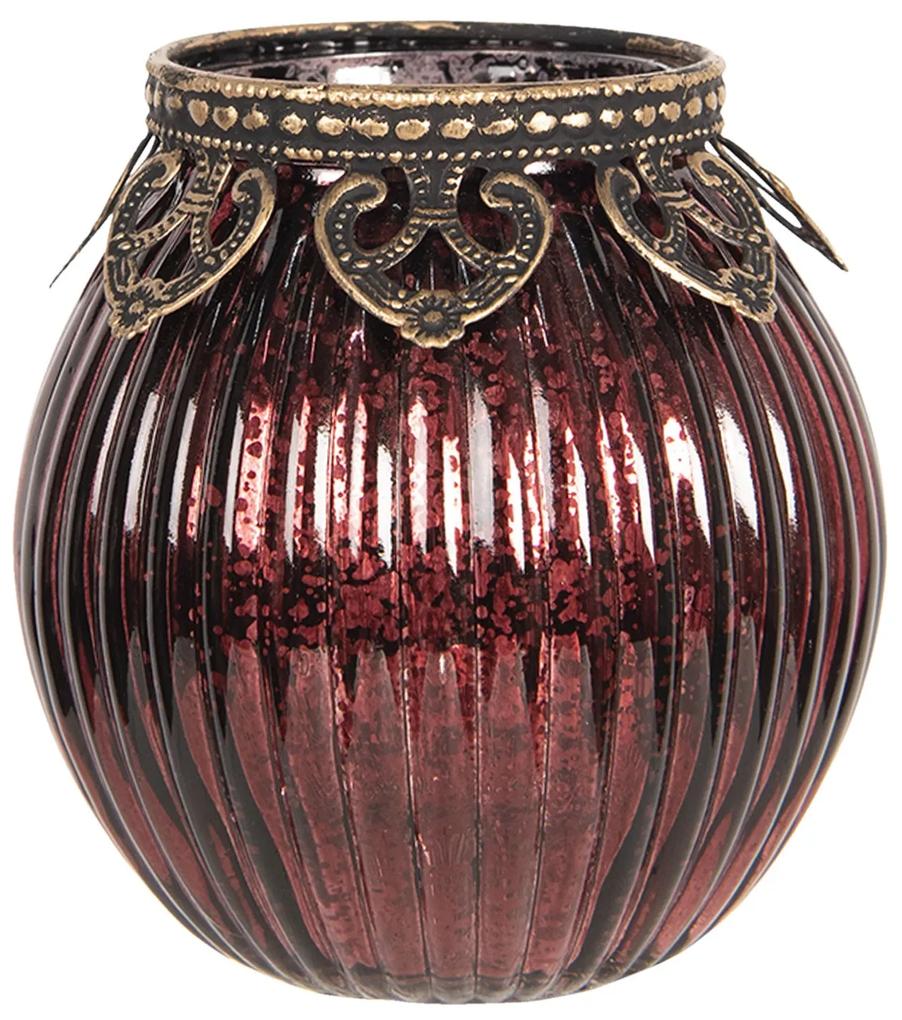 Červený sklenený svietnik na čajovú sviečku s kovovým zdobením - Ø 9 * 9 cm