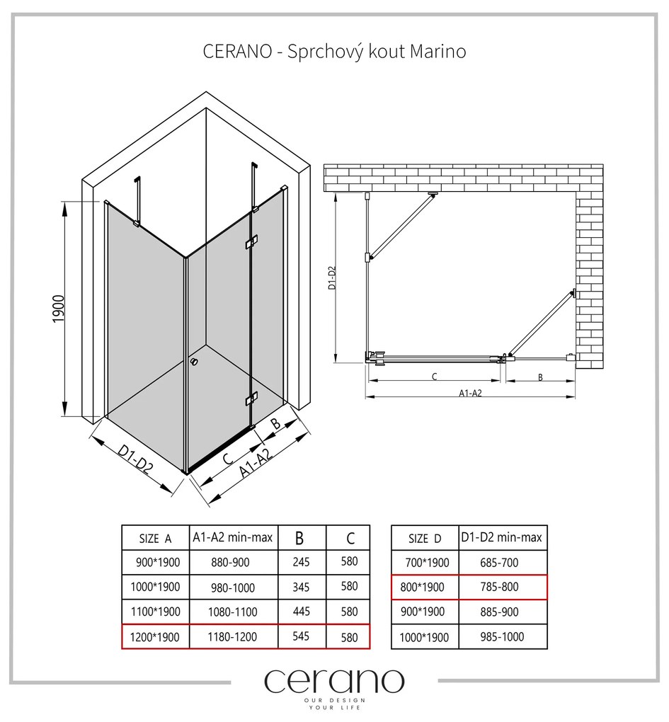 Cerano Marino, sprchovací kút 120(dvere) x 80(stena) x 190 cm, 6mm číre sklo, čierny profil, CER-CER-422901