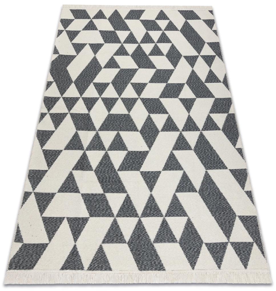 Obojstranný šnúrkový ekologický koberec TWIN 22992 Geometrický vzor, so strapcami, antracit - krémový