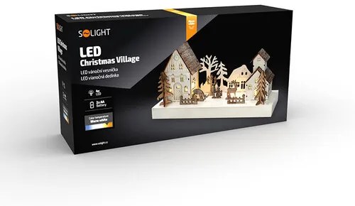 Solight LED vianočná dedinka, 34 x 17 cm, drevo, 4 LED, 2x AA