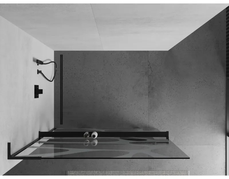 Mexen Kioto+ L, sprchová zástena Walk-In s poličkou a vešiakom 70 x 200 cm, 8mm číre sklo biely vzor, čierny profil, 800-070-123-70-97