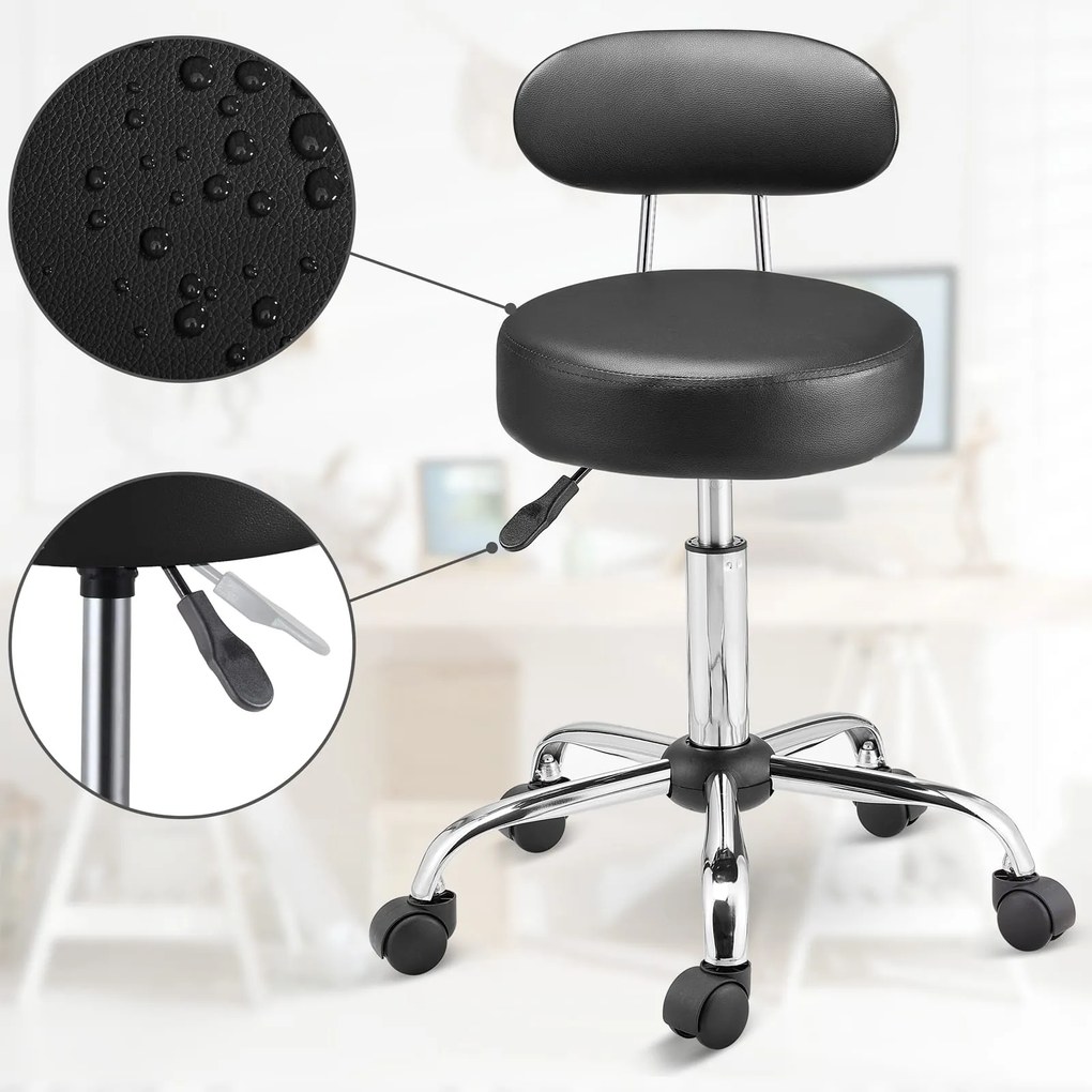 Taburetka na kolieskach s operadlom ROLAND, Ø35cm, čierna Casaria