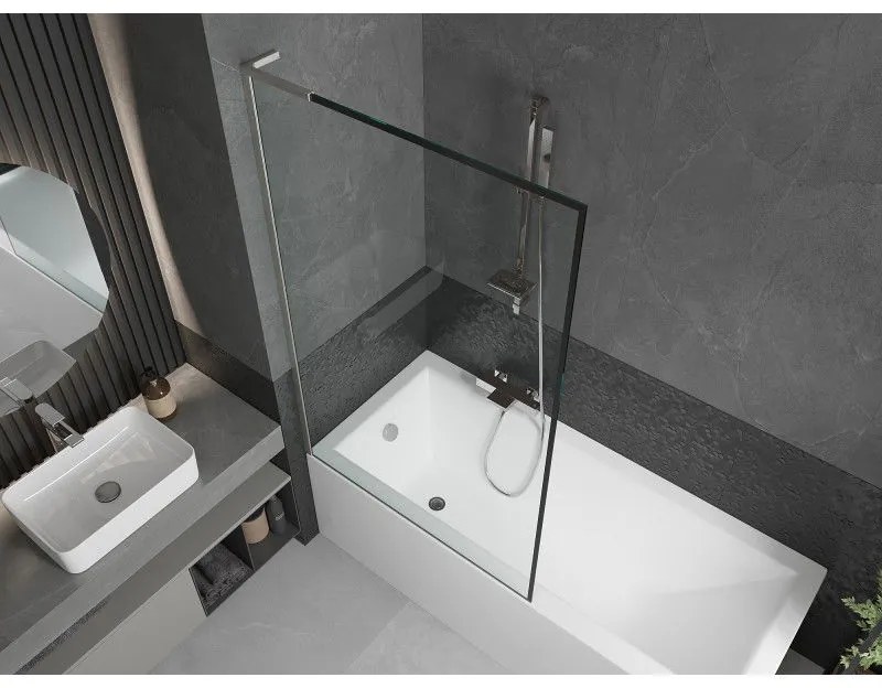 Mexen Next L, 1-krídlová vaňová zástena 100 x 150 cm, 6mm číre sklo-čierny vzor, 6mm číre sklo, profil brúsená oceľ, 895-100-000-03-70-97