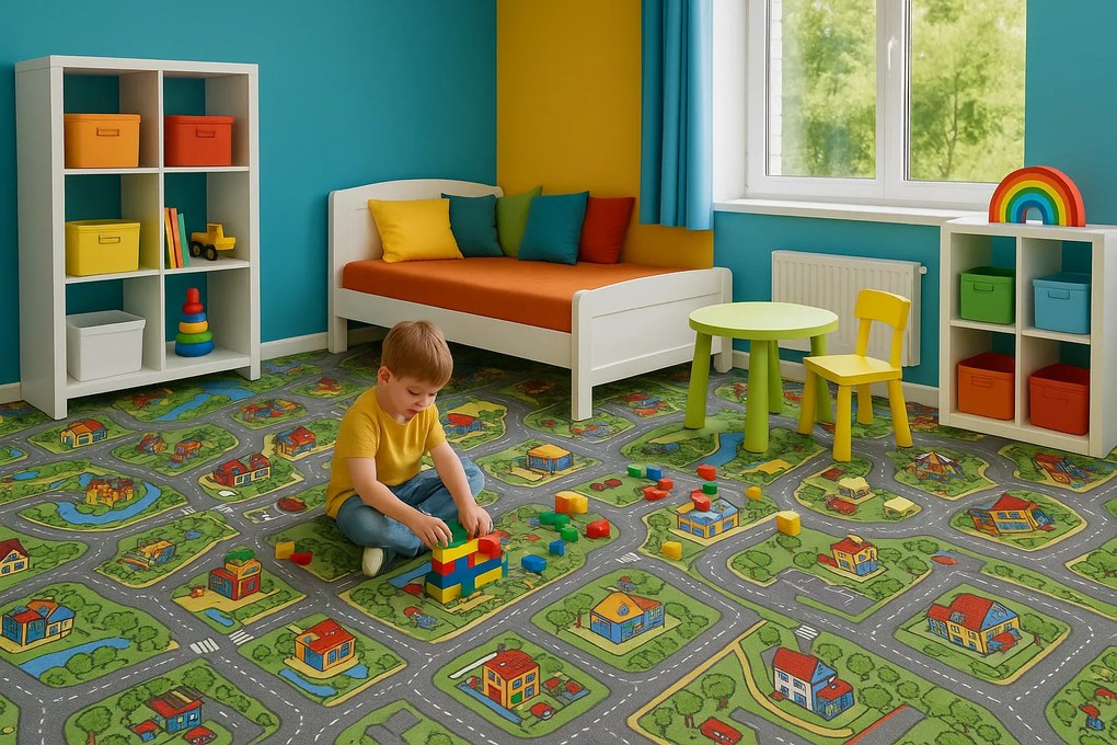 Vopi, Detský metrážny koberec Hravé mesto - neúčtujeme odrezky z role, na mieru, šíře 1,33m,1m,2m,3m,4m,na mieru, neúčtujeme odrezky, viacfarebná, filc, detská izba