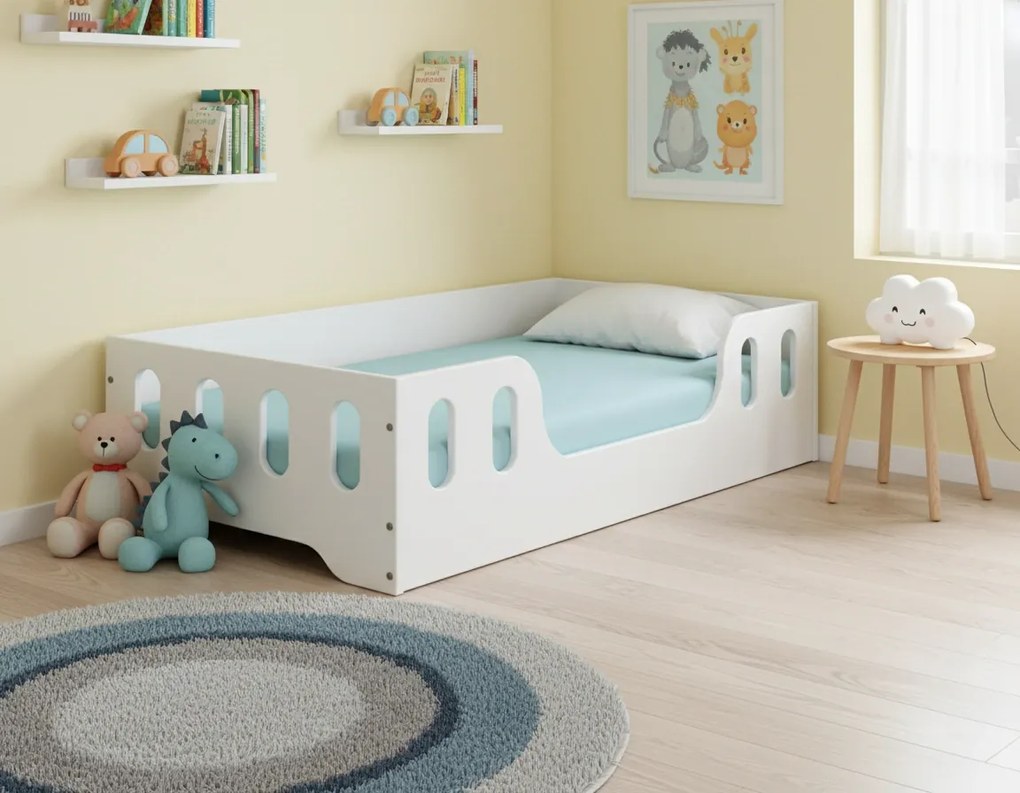 Detská Montessori posteľ LAKI 140x70 cm + MATRAC - biela