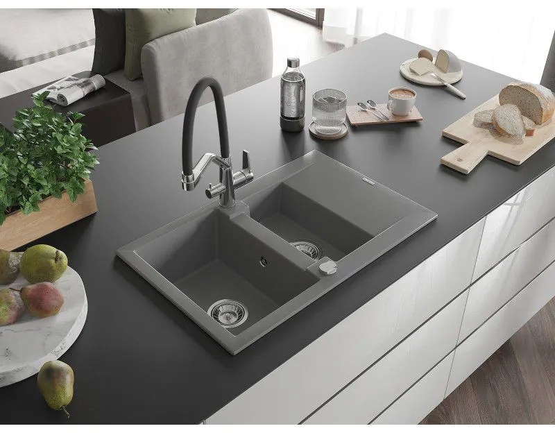 Mexen Gaspar, granitový drez 737x475x177 mm, 1,5-komorový a drezová batéria Duo, šedá, 6507-71-671701-07
