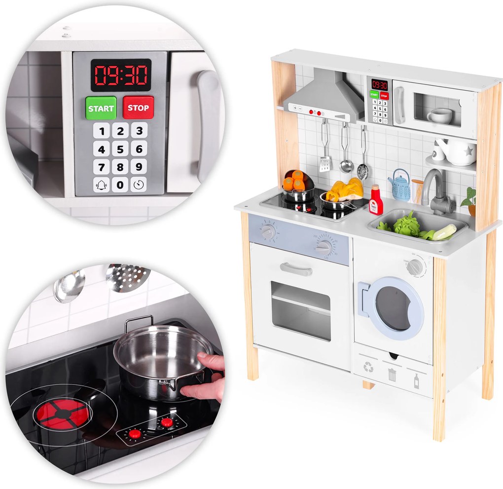 Drevená kuchynka pre deti ECOTOYS 3+ s LED, zvukmi, rúrou, práčkou a 5 doplnkami