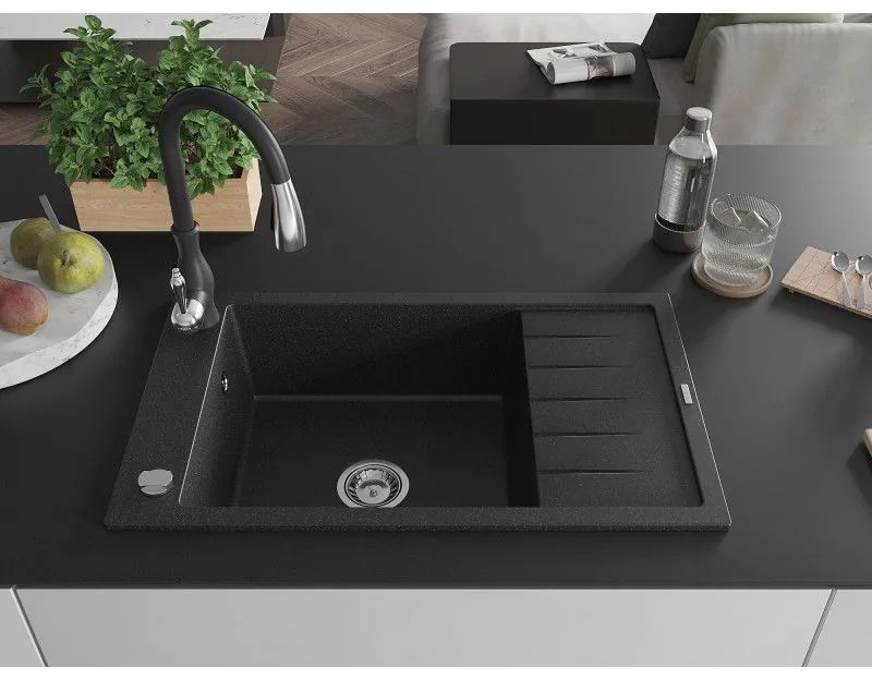 Mexen Elias, 1-komorový granitový drez 795x480x200 mm a drezová batéria Savita, čierna-strieborná metalíza, 6511-73-672601-70