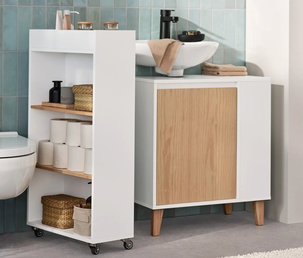 Umývadlová skrinka s dvierkami a poličkou naboku