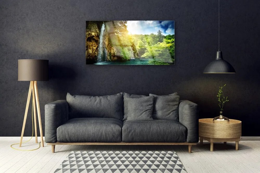 Obraz na skle Vodopád stromy príroda 100x50 cm