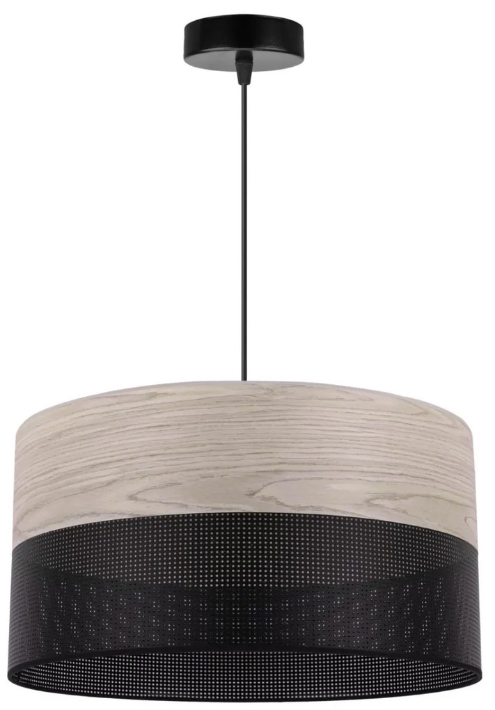 Závesné svietidlo Wood, 1x svetlobéžová dubová dýha/čierne PVC tienidlo, (fi 40cm)