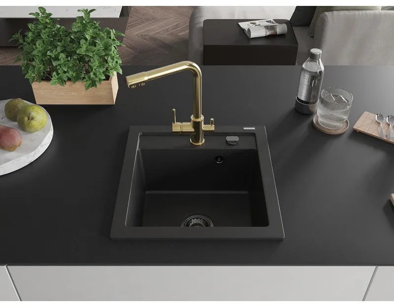 Mexen Vito, 1-komorový granitový drez 520x490x210 mm, zlatá batéria Duero, čierna, 6503-77-671600-50-B