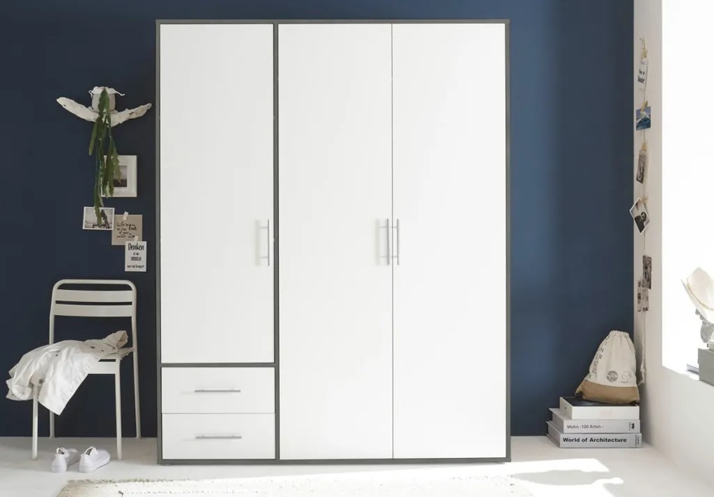 Šatníková skriňa Valencia,155 cm, optika šedého kovu/biela