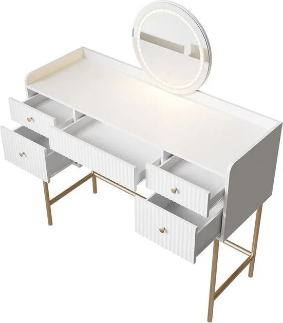 Toaletný stolík s LED zrkadlom, 5 zásuviek, biela/zlatá