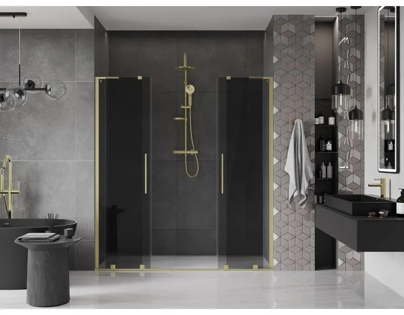 Mexen Velar L Duo, posuvné sprchové dvere do otvoru 200 cm, 8mm šedé sklo, zlatá matná, 871-200-003-42-55