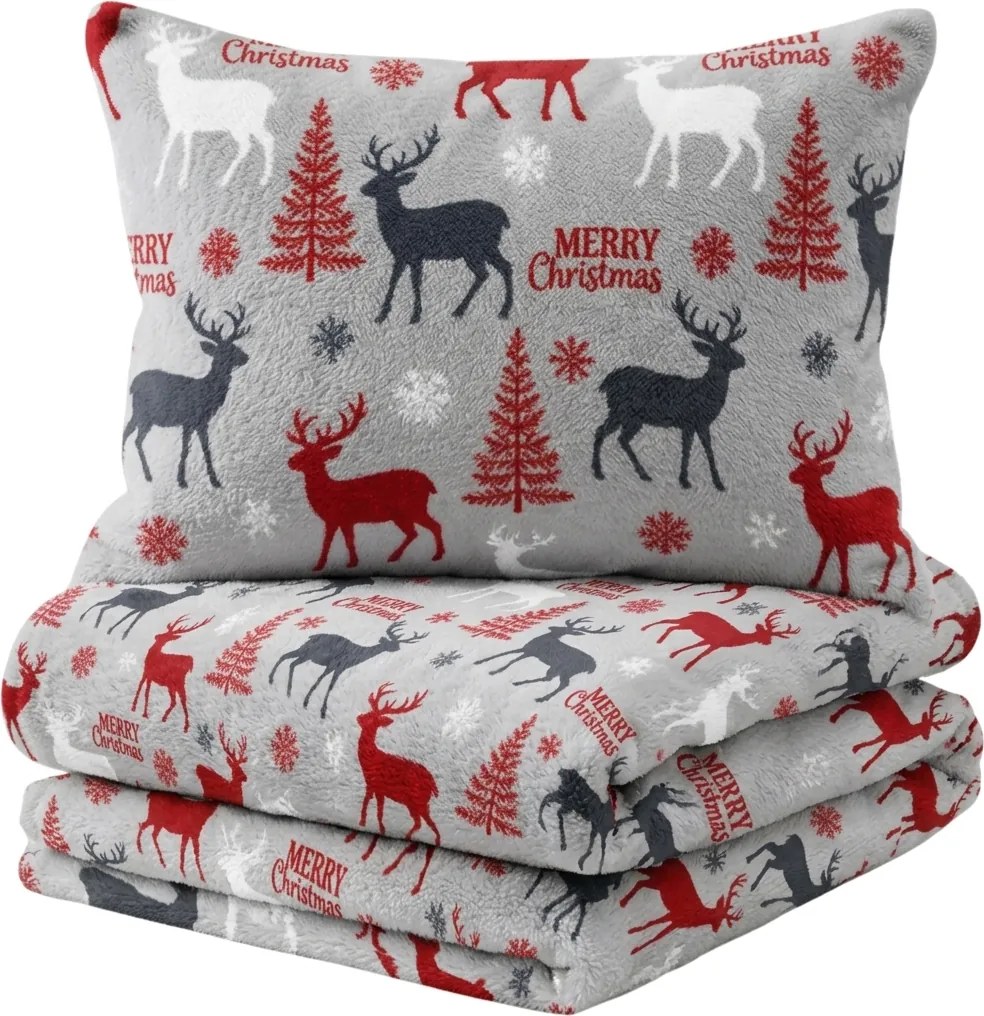 Obliečky mikroplyš MERRY CHRISTMAS DEER sivé Rozmer obliečok: 2 ks 70 x 90 cm | 200 x 220 cm