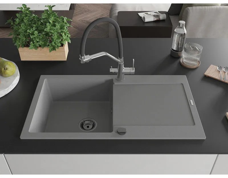 Mexen Leo, 1-komorový granitový drez 900x500x190 mm a drezová batéria Duo, šedá, 6501-71-671701-07-B