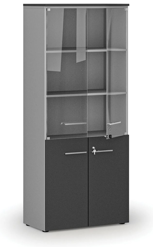 Kombinovaná kancelárska skriňa s drevenými a sklenenými dverami PRIMO GRAY, 800 x 420 x 1781 mm, sivá/grafit