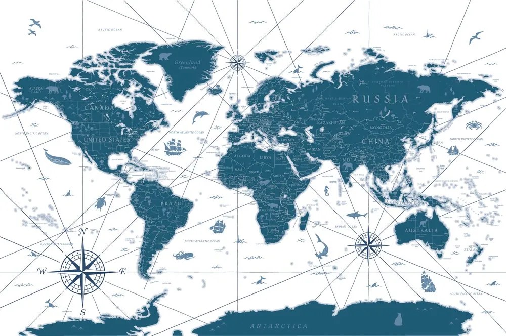 Samolepiaca tapeta mapa sveta s historickým nádychom v modrom prevedení