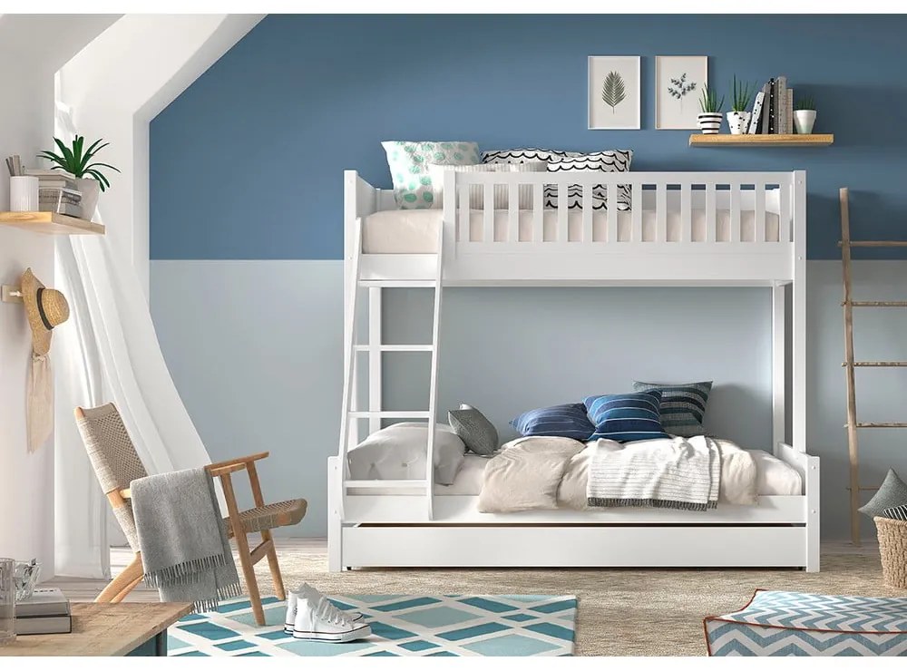 Biela poschodová detská posteľ z borovicového dreva s úložným priestorom 140x200/90x200 cm SCOTT – Vipack