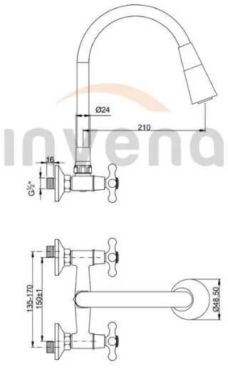 Invena Roma, nástenná batéria s elastickým ramenom 150mm, biela-chrómová, INV-BC-24-E2S-L