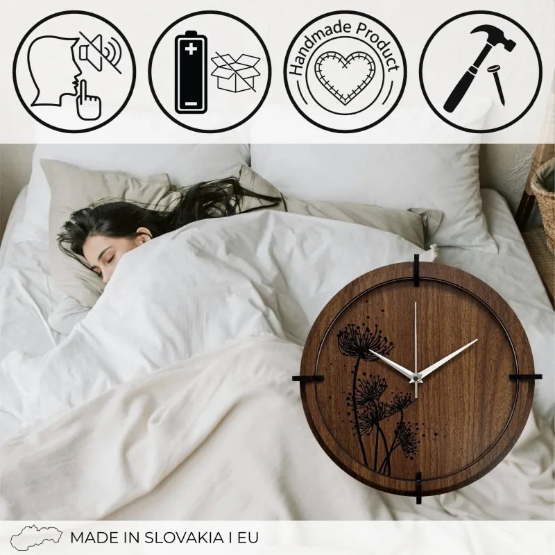 Drevené hodiny Wenge s čiernym kvetinovým motívom | SENTOP HDF0586-ORECH-WENGE
