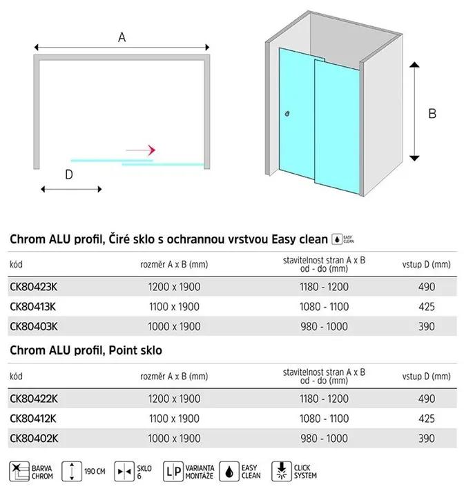 Mereo Lima, zasúvacie dvojdielne sprchové dvere 120x190, 6mm číre sklo, chrómový profil, MER-CK80423K