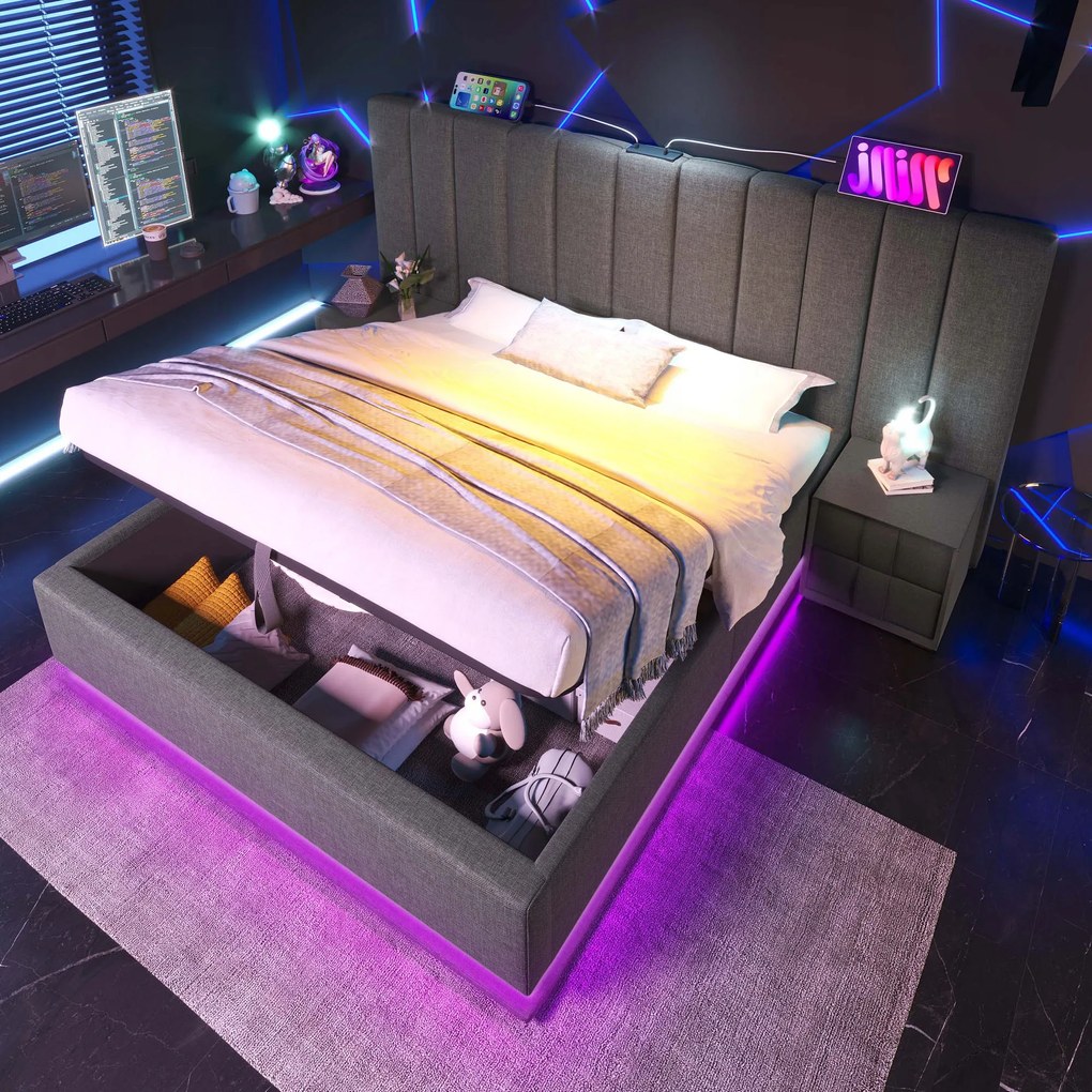 Čalúnená posteľ 160×200 Dvojlôžková posteľ Led a Usb-c šedá matrac