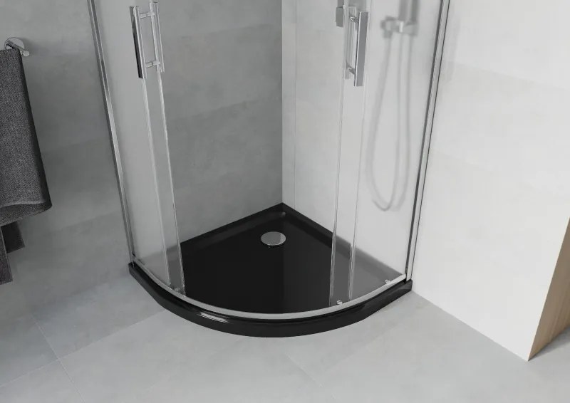 Mexen Rio, štvrťkruhový sprchovací kút s posuvnými dverami 80 x 80 cm, 6mm sklo námraza, chrómový profil + čierna sprchová vanička, 863-080-080-01-30-4170