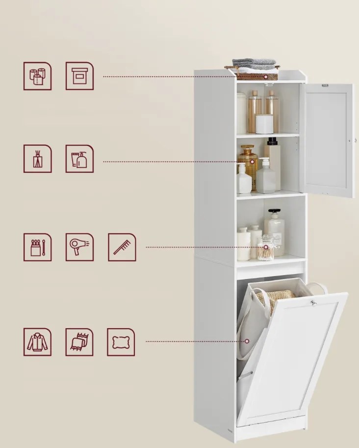 Vysoká koupelnová skříňka s košem na prádlo Vasagle Clark bílá