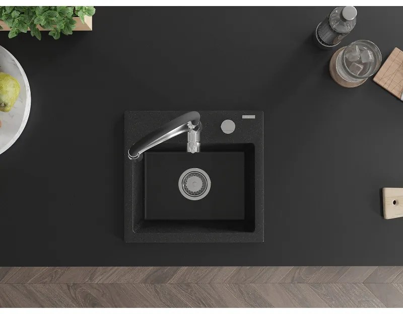 Mexen Milo, 1-komorový granitový drez 435x410x171 mm a drezová batéria Aster, čierna-strieborná metalíza, 6505-73-73450-07