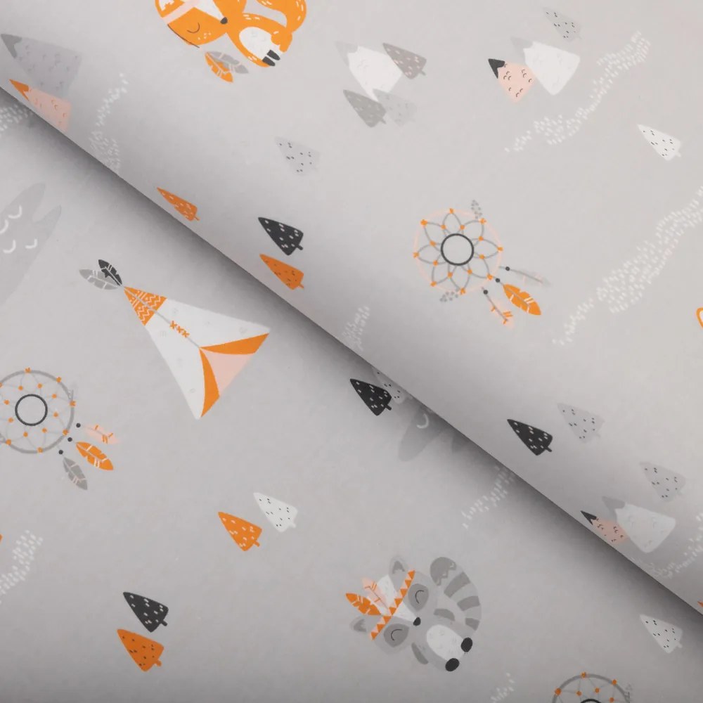 Biante Detský vankúš valec bonbon Sandra SA-699 Oranžové zvieratká Indiáni na sivom 15x80 cm