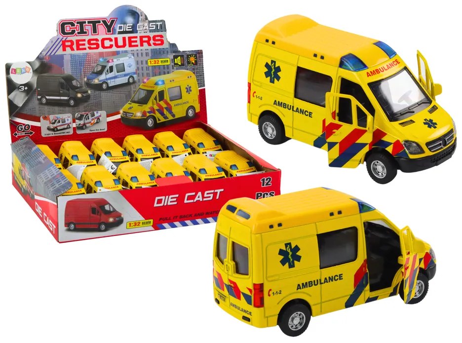 LEAN TOYS Sanitka 1:32, kovová, svetlá, zvuky - žltá