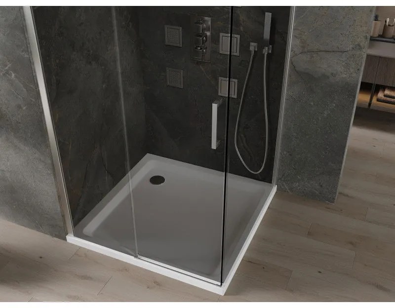 Mexen Omega, sprchový kút s posuvnými dverami 100 (dvere) x 100 (stena) cm, 8mm šedé sklo, chrómový profil + slim sprchová vanička biela + chrómový sifón, 825-100-100-01-40-4010