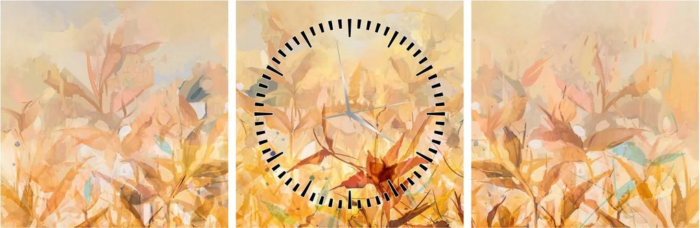 Obraz - Listy vo farbách jesene, olejomaľba (s hodinami) (90x30 cm)