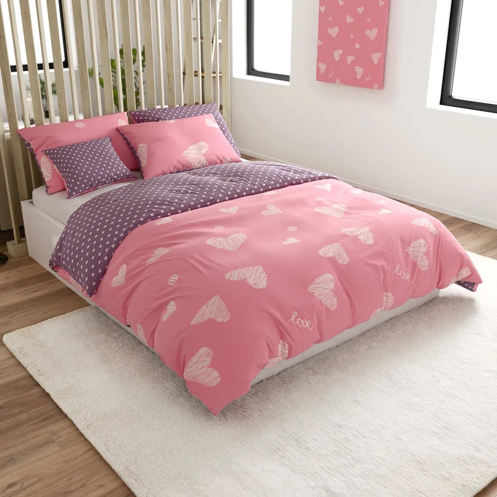 Bavlnené obojstranné obliečky SRDCE A BODKY ružové