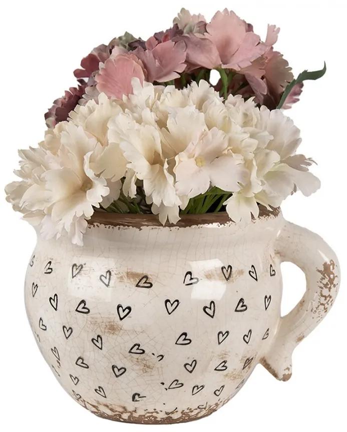 Béžový keramický obal na kvetináč s uchom a so srdiečkami Hearti - 20*17*15 cm