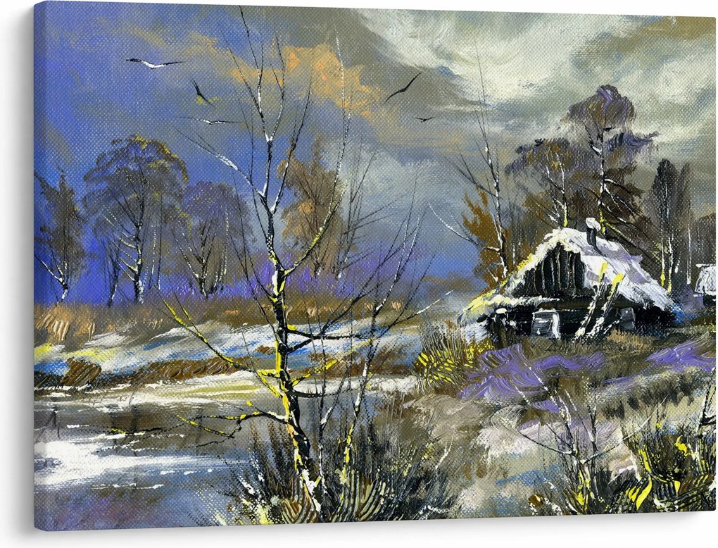 Obraz chalúpky v zimnej krajine, olejomaľba (70x50 cm)