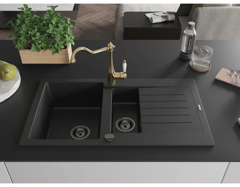 Mexen Matias, granitový drez 900x505x200 mm, 1,5-komorový a drezová batéria Carla, čierna, 6502-77-670700-50-B